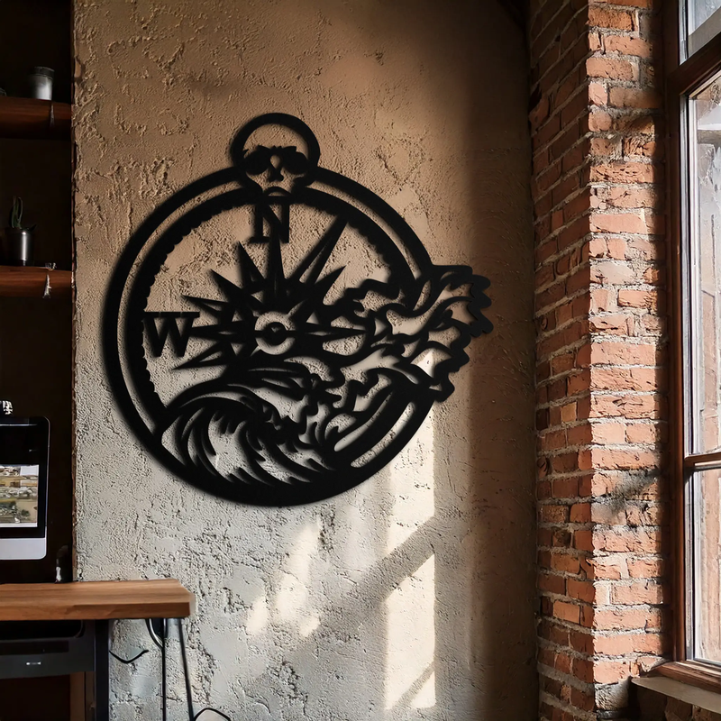 Nautical Compass Wave Metal Wall Art – Ocean Storm and Skull Design Decor- KAF704 by Enova Art