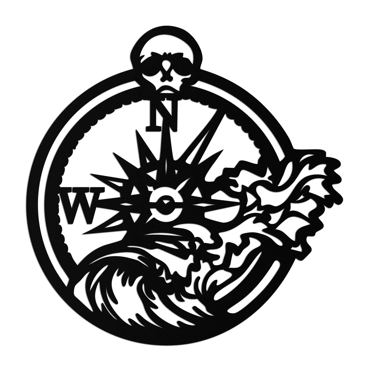 Nautical Compass Wave Metal Wall Art – Ocean Storm and Skull Design Decor- KAF704 by Enova Art