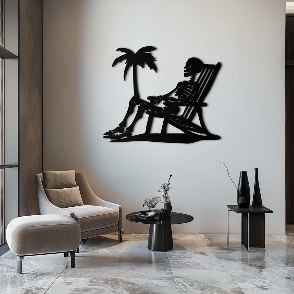 Sunbathing Skeleton Metal Wall Art – Tropical Palm Tree Beach Decor- KAF706 by Enova Art