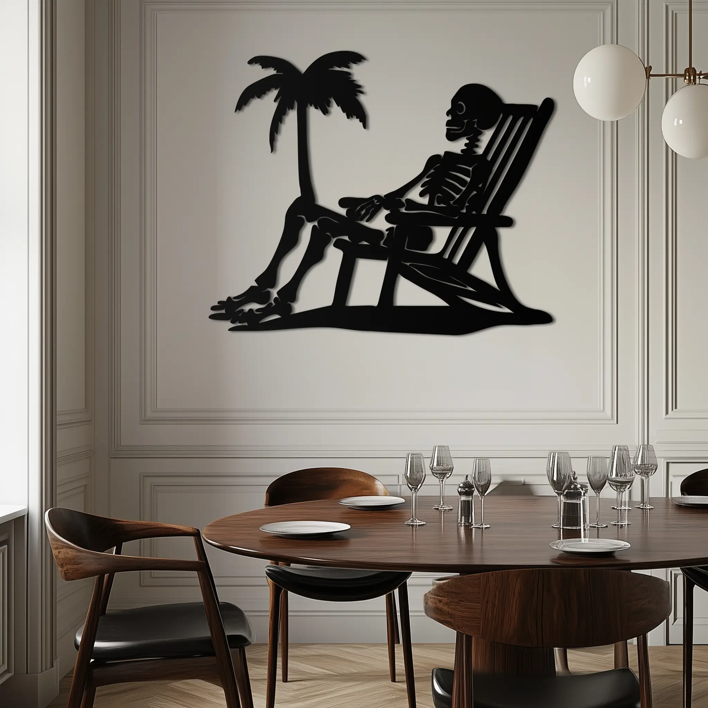 Sunbathing Skeleton Metal Wall Art – Tropical Palm Tree Beach Decor- KAF706 by Enova Art