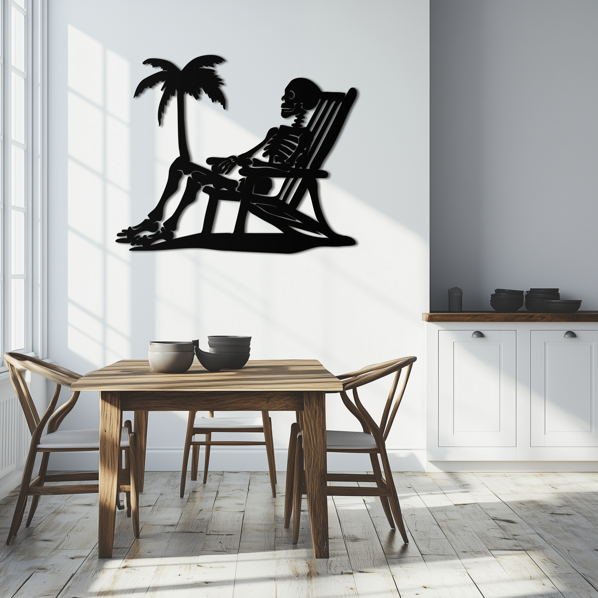 Sunbathing Skeleton Metal Wall Art – Tropical Palm Tree Beach Decor- KAF706 by Enova Art
