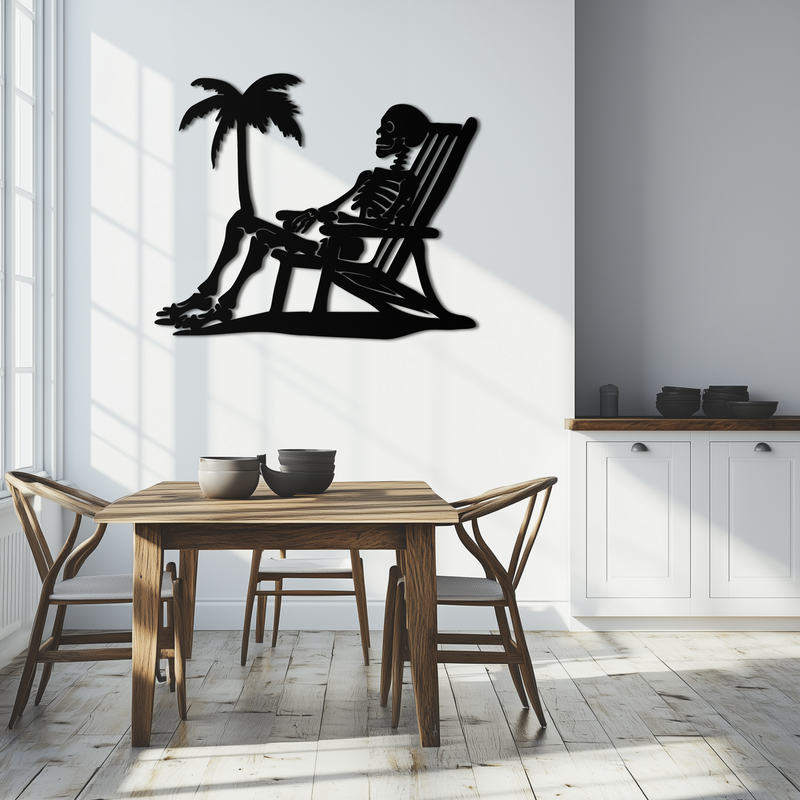 Sunbathing Skeleton Metal Wall Art – Tropical Palm Tree Beach Decor- KAF706 by Enova Art