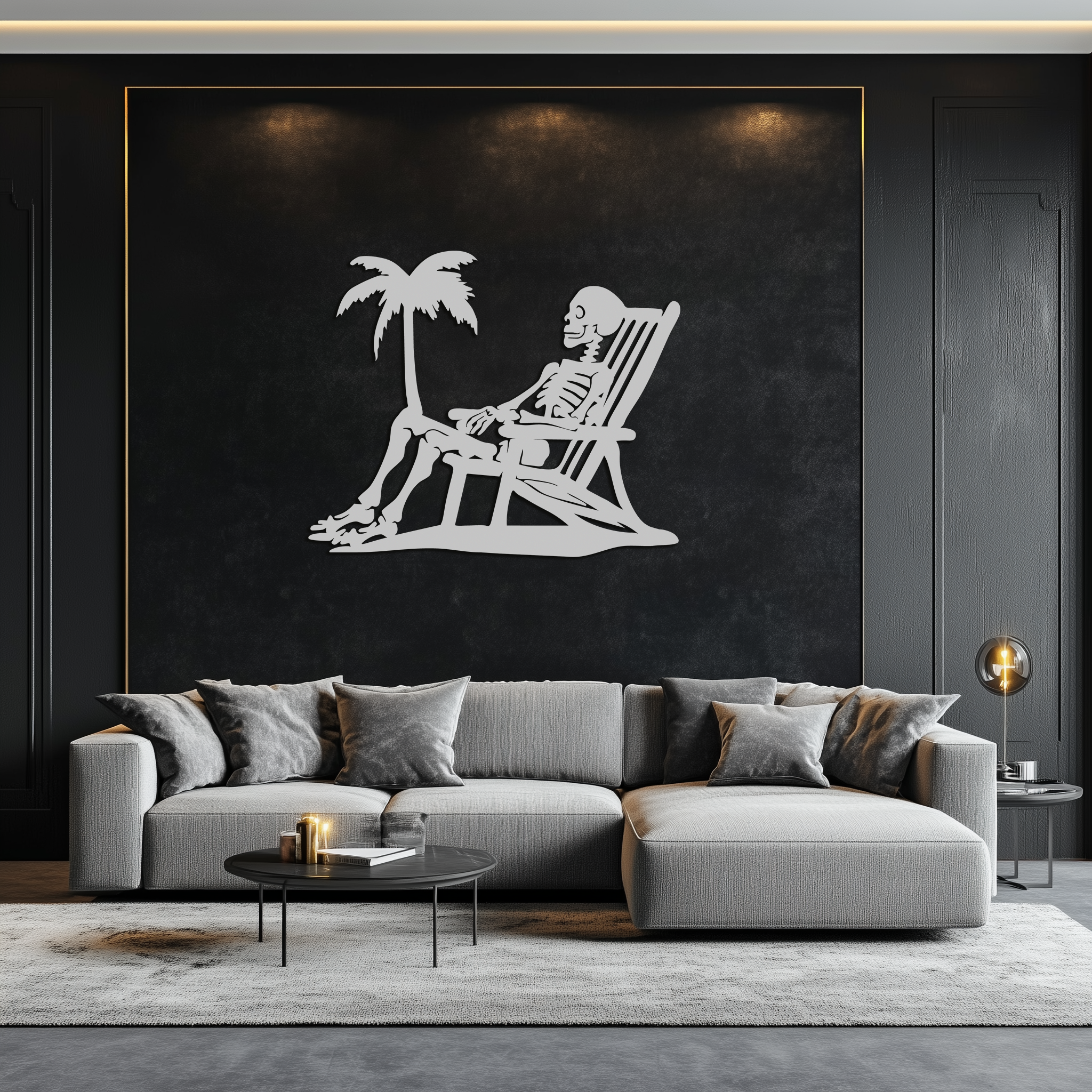 Sunbathing Skeleton Metal Wall Art – Tropical Palm Tree Beach Decor- KAF706 by Enova Art