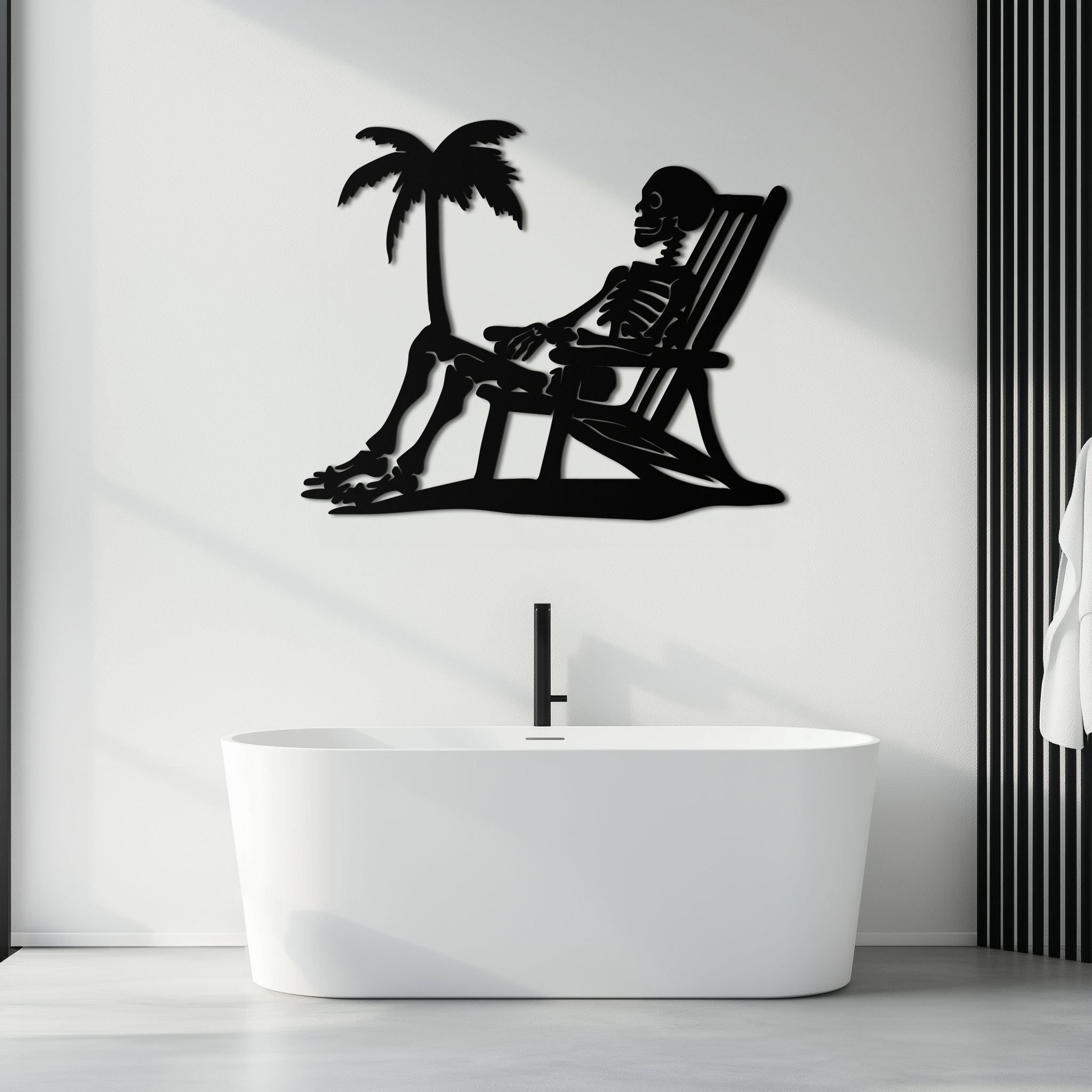Sunbathing Skeleton Metal Wall Art – Tropical Palm Tree Beach Decor- KAF706 by Enova Art