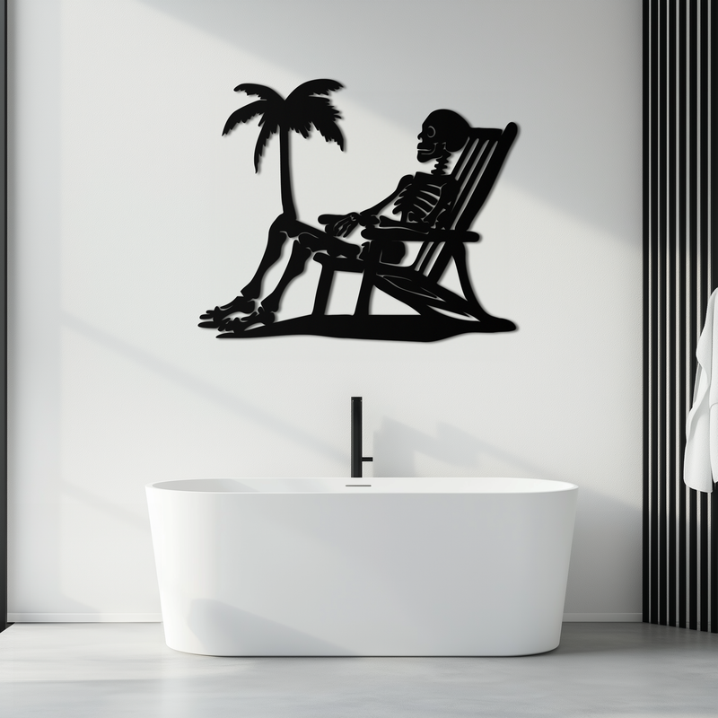 Sunbathing Skeleton Metal Wall Art – Tropical Palm Tree Beach Decor- KAF706 by Enova Art
