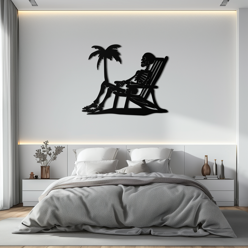 Sunbathing Skeleton Metal Wall Art – Tropical Palm Tree Beach Decor- KAF706 by Enova Art