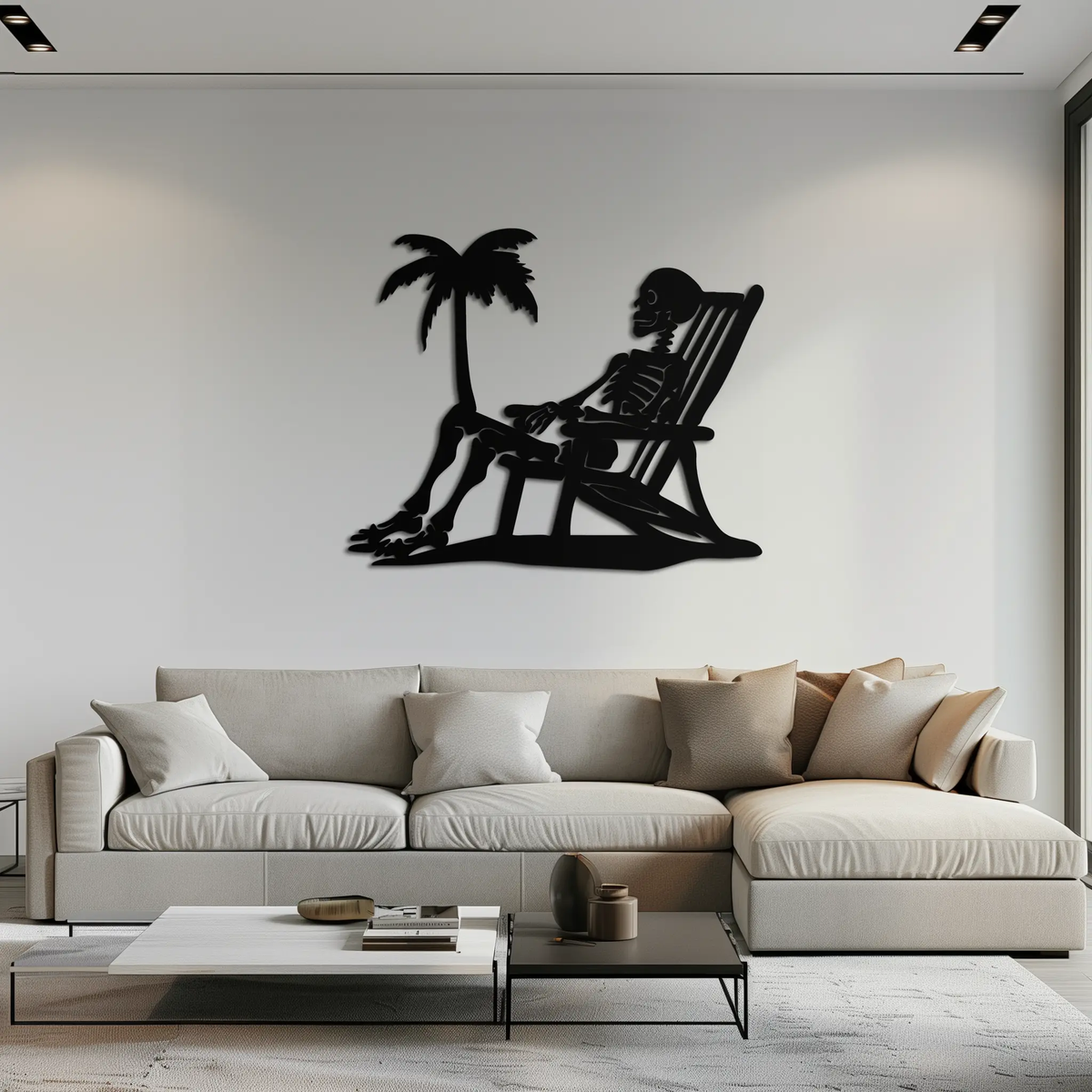 Sunbathing Skeleton Metal Wall Art – Tropical Palm Tree Beach Decor- KAF706 by Enova Art