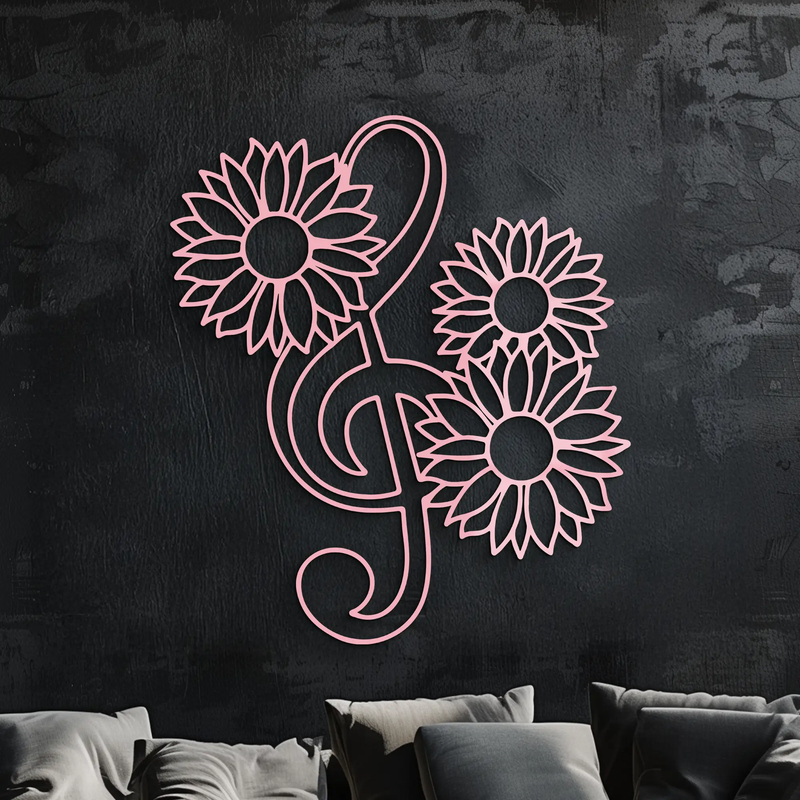 Pink Treble Clef with Sunflowers Metal Wall Art – Musical Floral Decor - KAFGP002 by Enova Art