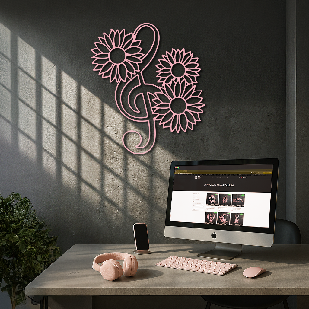 Pink Treble Clef with Sunflowers Metal Wall Art – Musical Floral Decor - KAFGP002 by Enova Art