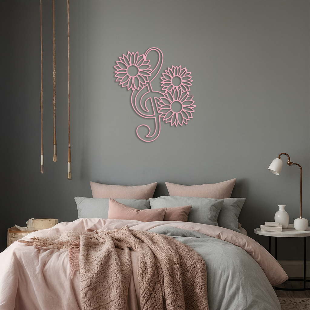 Pink Treble Clef with Sunflowers Metal Wall Art – Musical Floral Decor - KAFGP002 by Enova Art