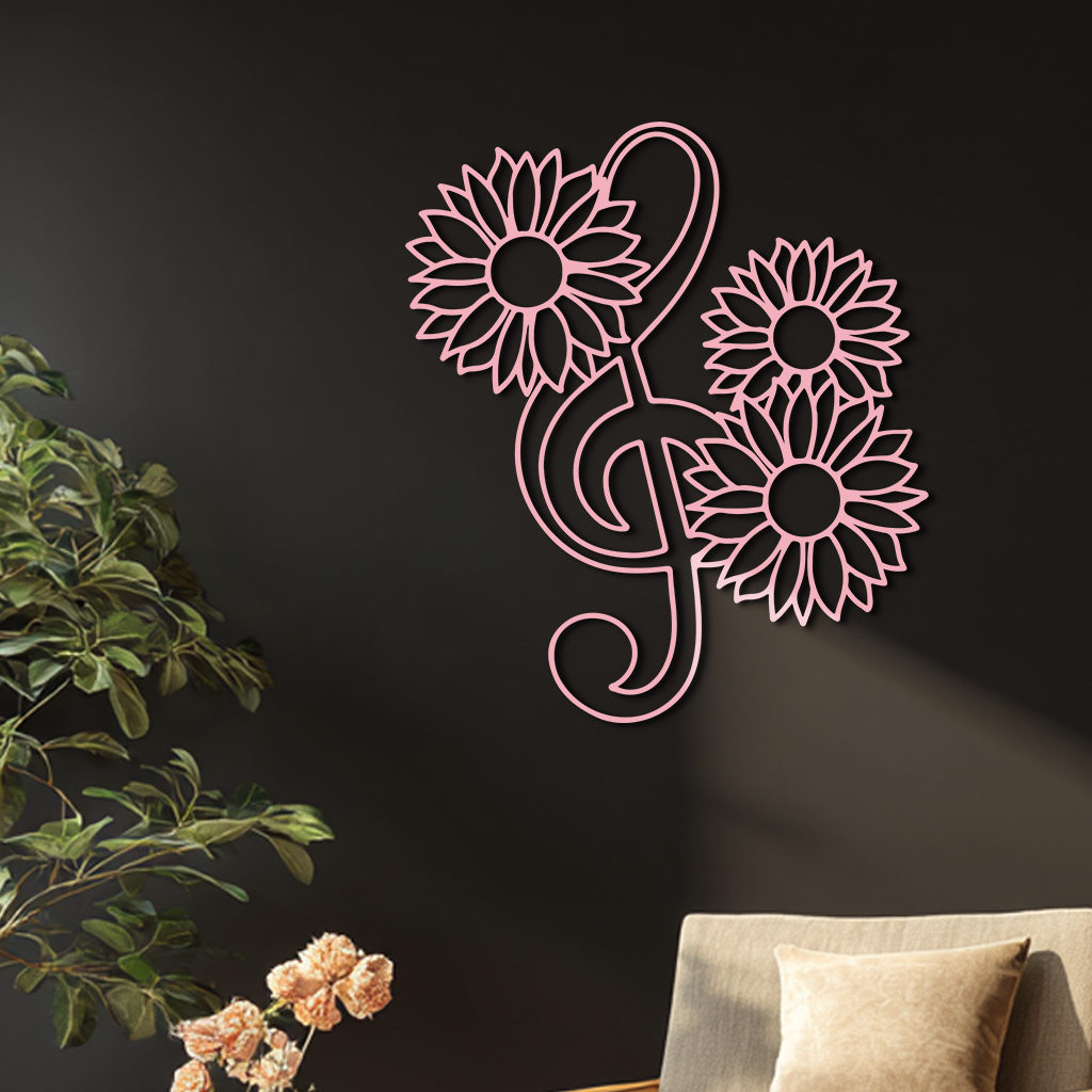 Pink Treble Clef with Sunflowers Metal Wall Art – Musical Floral Decor - KAFGP002 by Enova Art
