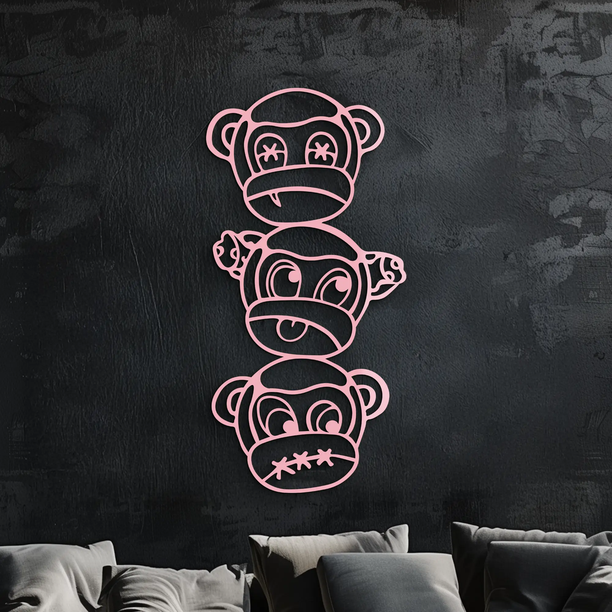 Pink Three Monkeys Metal Wall Art – Playful See No Evil, Hear No Evil, Speak No Evil Design - KAFGP004 by Enova Art