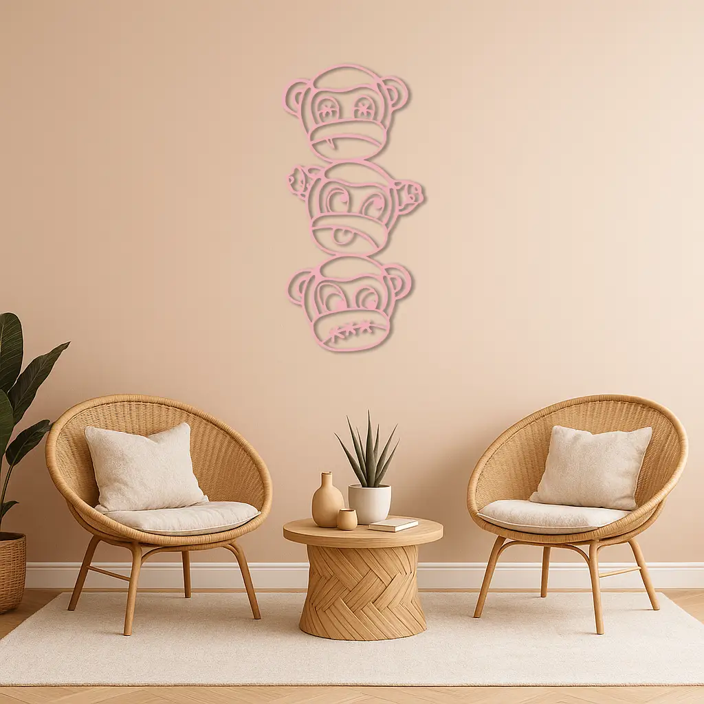 Pink Three Monkeys Metal Wall Art – Playful See No Evil, Hear No Evil, Speak No Evil Design - KAFGP004 by Enova Art