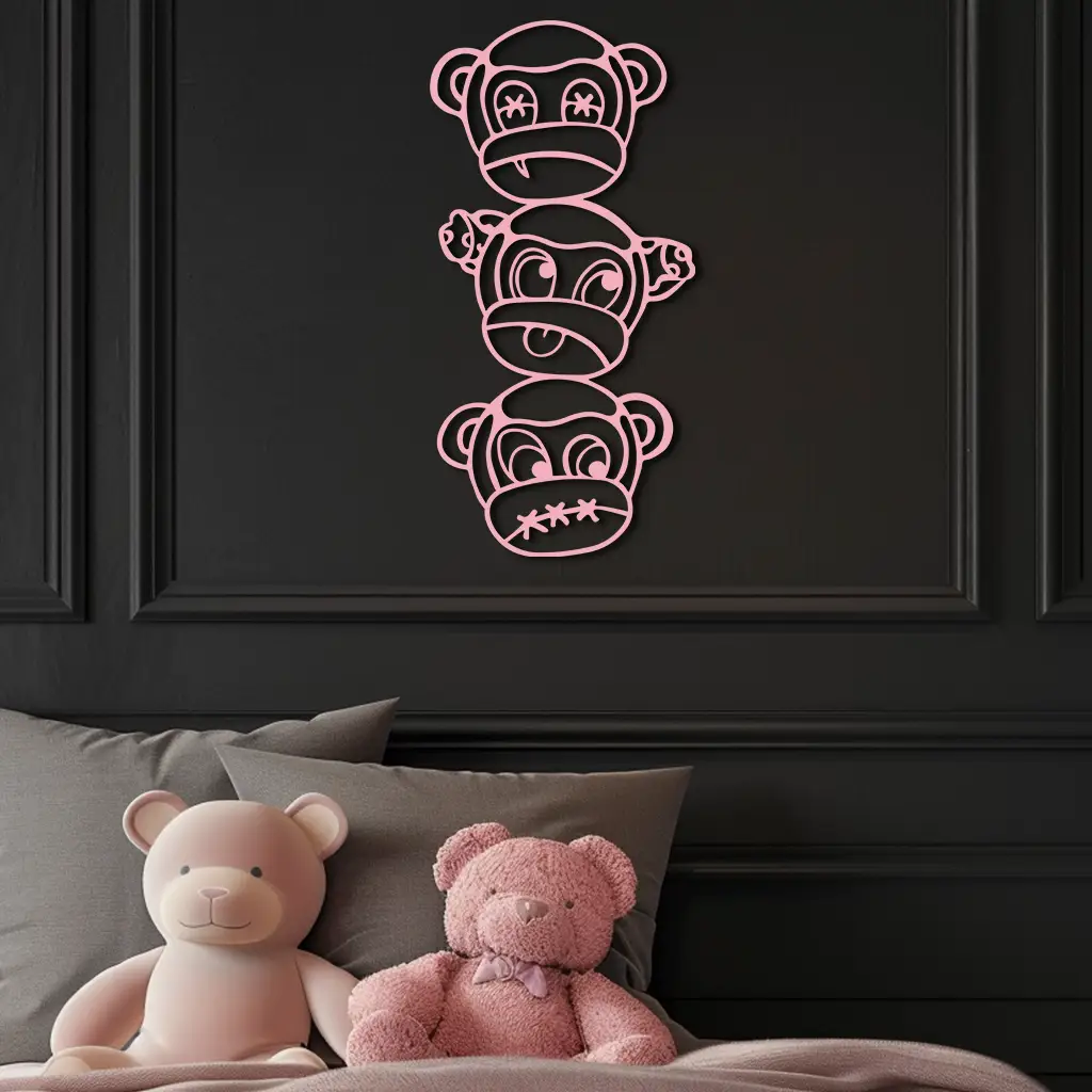 Pink Three Monkeys Metal Wall Art – Playful See No Evil, Hear No Evil, Speak No Evil Design - KAFGP004 by Enova Art
