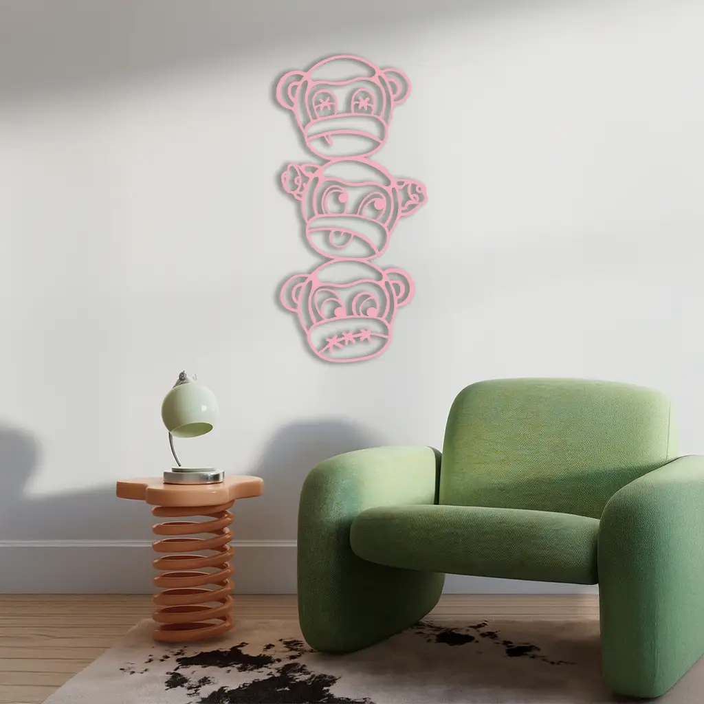 Pink Three Monkeys Metal Wall Art – Playful See No Evil, Hear No Evil, Speak No Evil Design - KAFGP004 by Enova Art