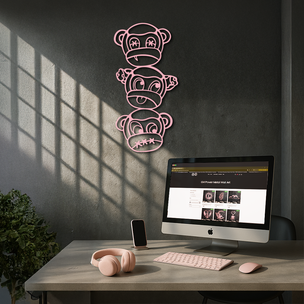 Pink Three Monkeys Metal Wall Art – Playful See No Evil, Hear No Evil, Speak No Evil Design - KAFGP004 by Enova Art