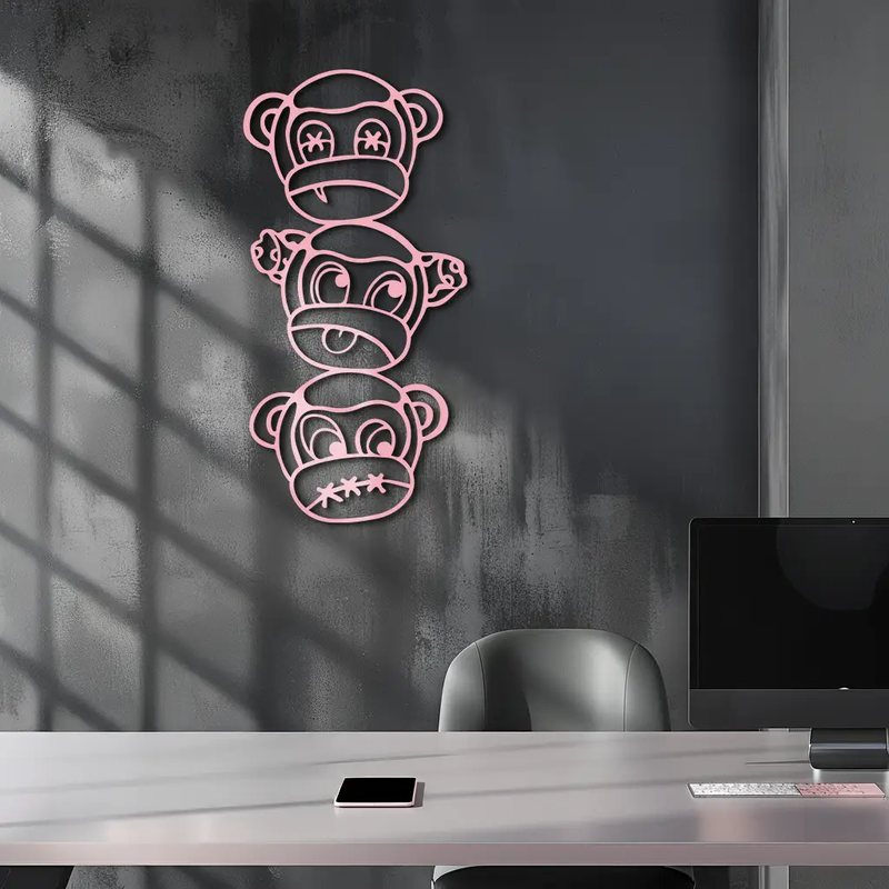 Pink Three Monkeys Metal Wall Art – Playful See No Evil, Hear No Evil, Speak No Evil Design - KAFGP004 by Enova Art