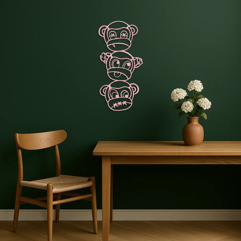 Pink Three Monkeys Metal Wall Art – Playful See No Evil, Hear No Evil, Speak No Evil Design - KAFGP004 by Enova Art