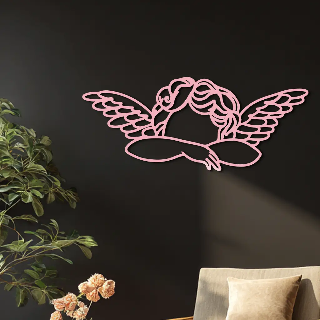 Pink Angel Silhouette Metal Wall Art – Elegant Guardian Wings Design - KAFGP005 by Enova Art