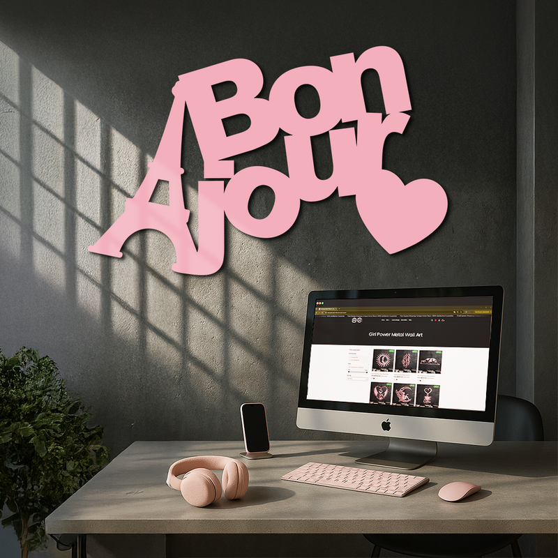 Pink Bonjour Eiffel Tower Metal Wall Art – Paris-Inspired Romantic Decor - KAFGP009 by Enova Art