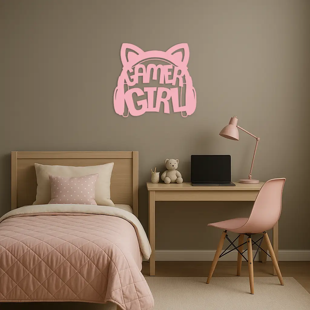 Pink Gamer Girl Metal Wall Art – Playful Gaming Headset Design - KAFGP010 by Enova Art