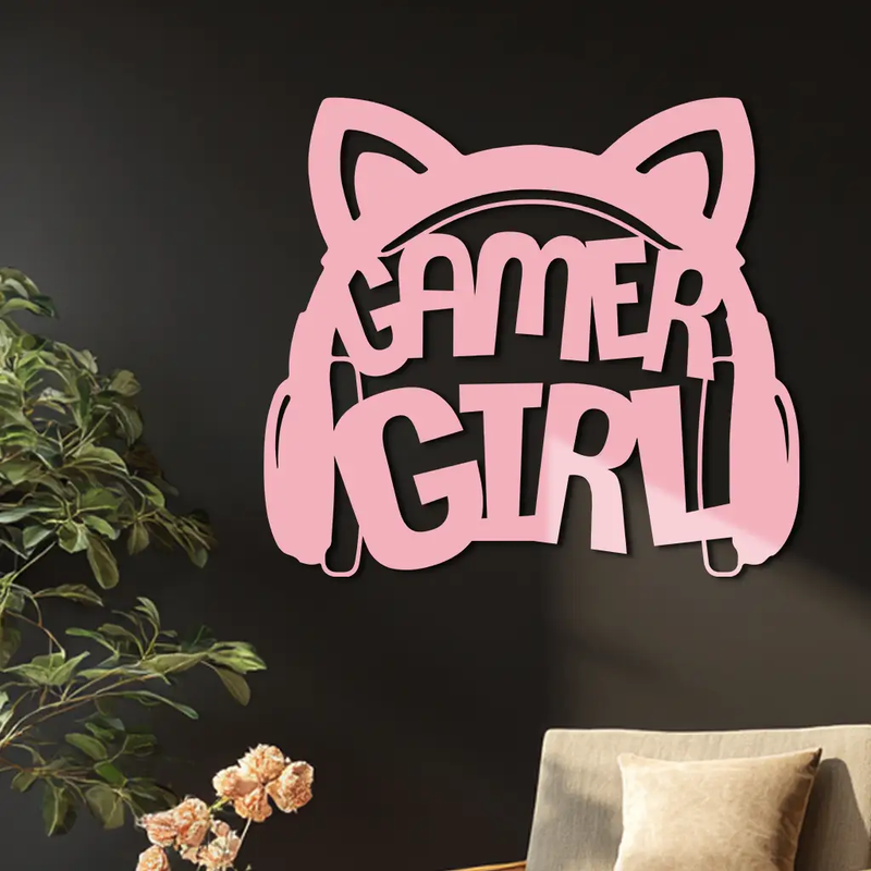 Pink Gamer Girl Metal Wall Art – Playful Gaming Headset Design - KAFGP010 by Enova Art