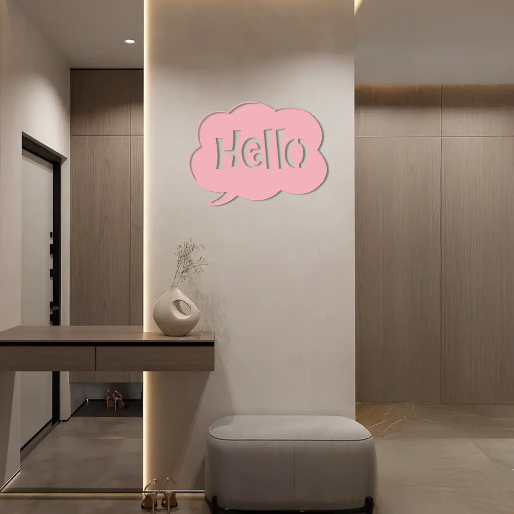 Pink Hello Speech Bubble Metal Wall Art – Playful Greeting Sign - KAFGP011 by Enova Art