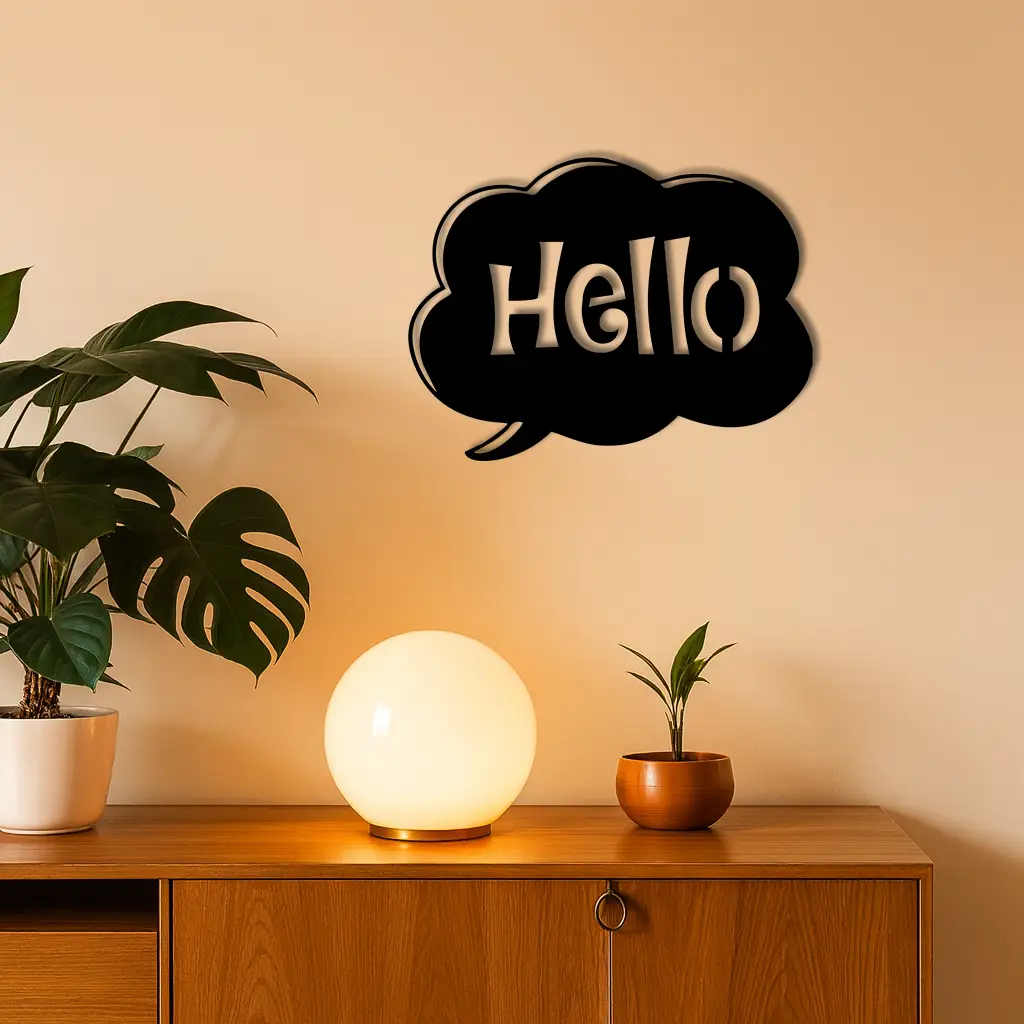 Pink Hello Speech Bubble Metal Wall Art – Playful Greeting Sign - KAFGP011 by Enova Art