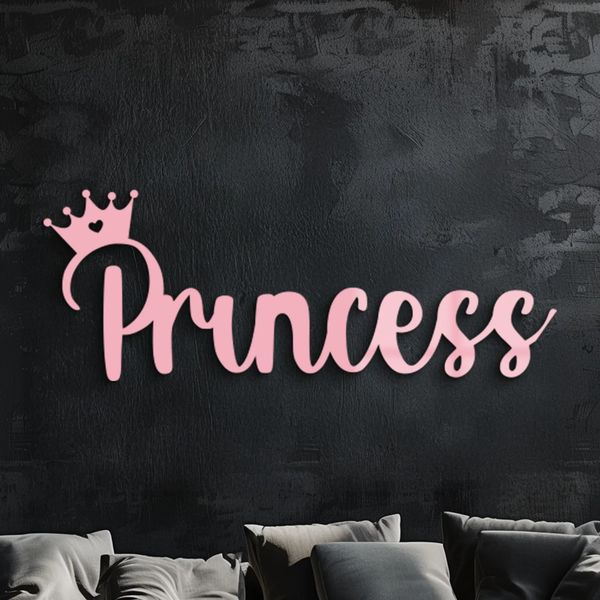 Pink Princess Metal Wall Art – Elegant Typography Silhouette Decor - KAFGP014
