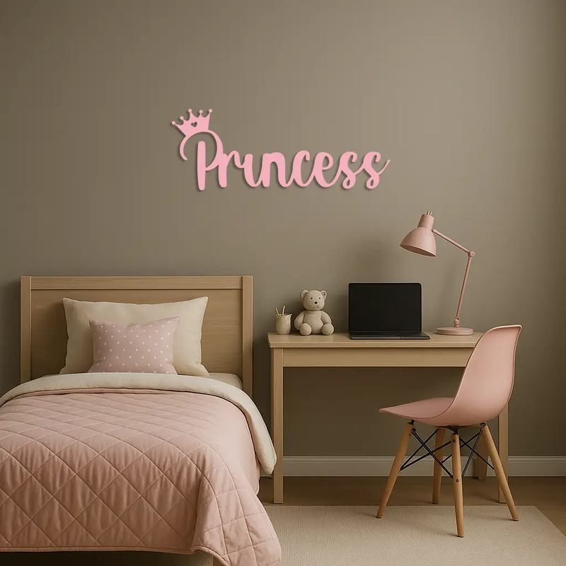 Pink Princess Metal Wall Art – Elegant Typography Silhouette Decor - KAFGP014 by Enova Art