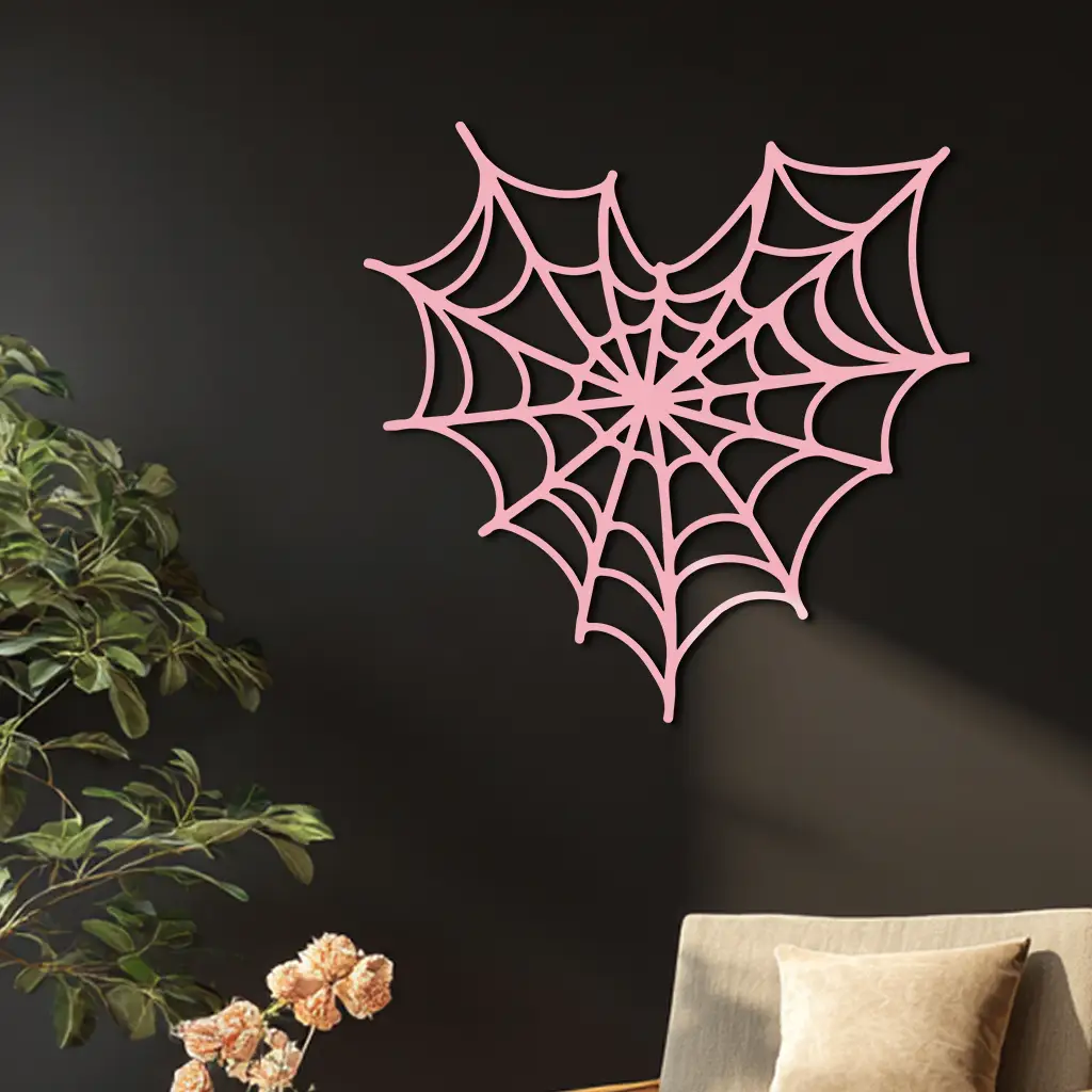 Pink Heart Spider Web Metal Wall Art – Gothic Romantic Decor - KAFGP018 by Enova Art