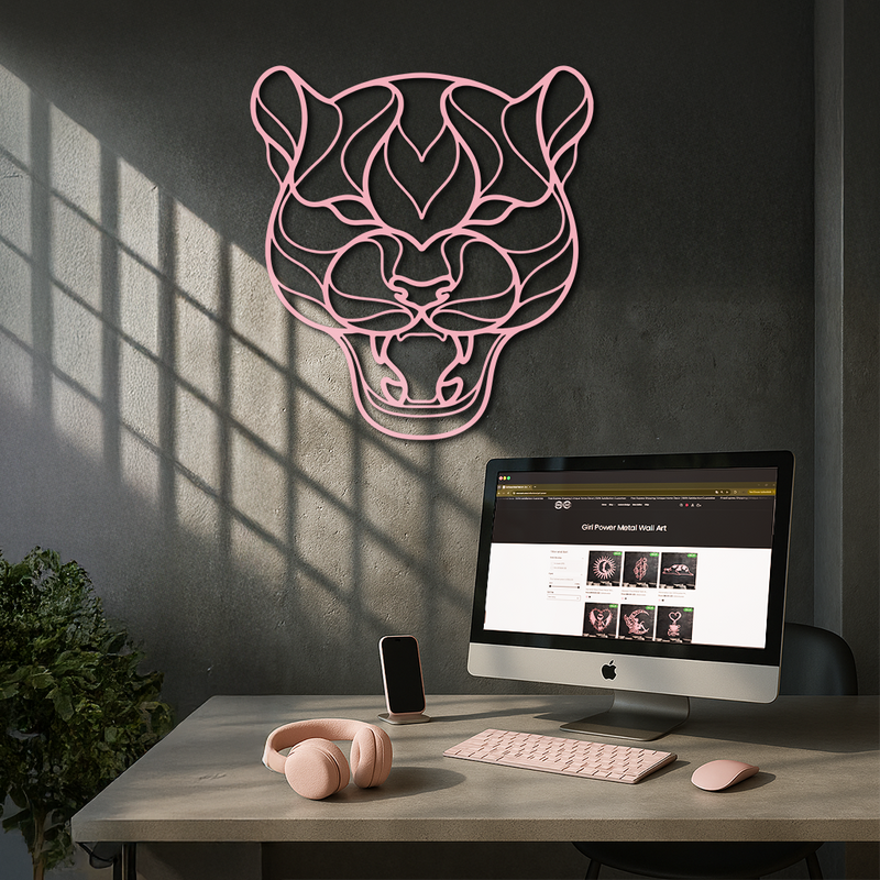 Pink Panther Head Metal Wall Art – Geometric Wild Cat Silhouette Decor - KAFGP019 by Enova Art