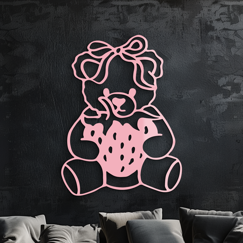 Pink Teddy Bear with Strawberry Metal Wall Art – Cute Bow Design for Kids Room - KAFGP020 by Enova Art