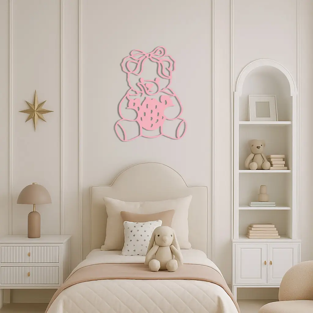 Pink Teddy Bear with Strawberry Metal Wall Art – Cute Bow Design for Kids Room - KAFGP020 by Enova Art