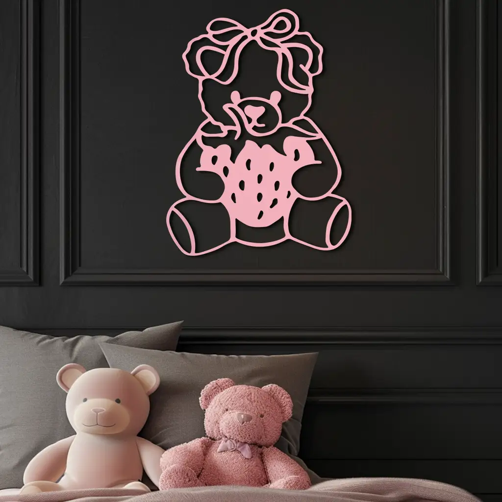 Pink Teddy Bear with Strawberry Metal Wall Art – Cute Bow Design for Kids Room - KAFGP020 by Enova Art