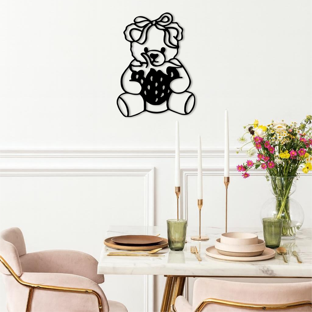 Pink Teddy Bear with Strawberry Metal Wall Art – Cute Bow Design for Kids Room - KAFGP020 by Enova Art
