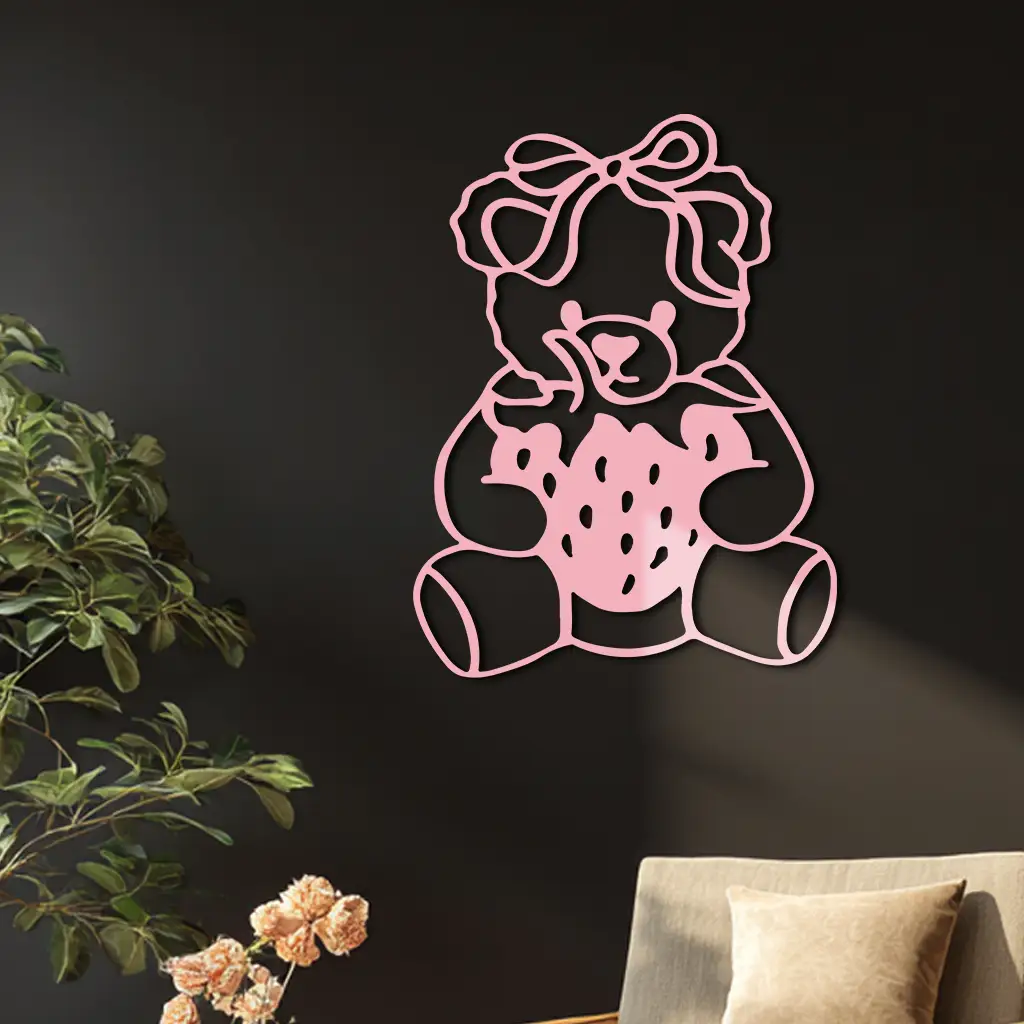 Pink Teddy Bear with Strawberry Metal Wall Art – Cute Bow Design for Kids Room - KAFGP020 by Enova Art