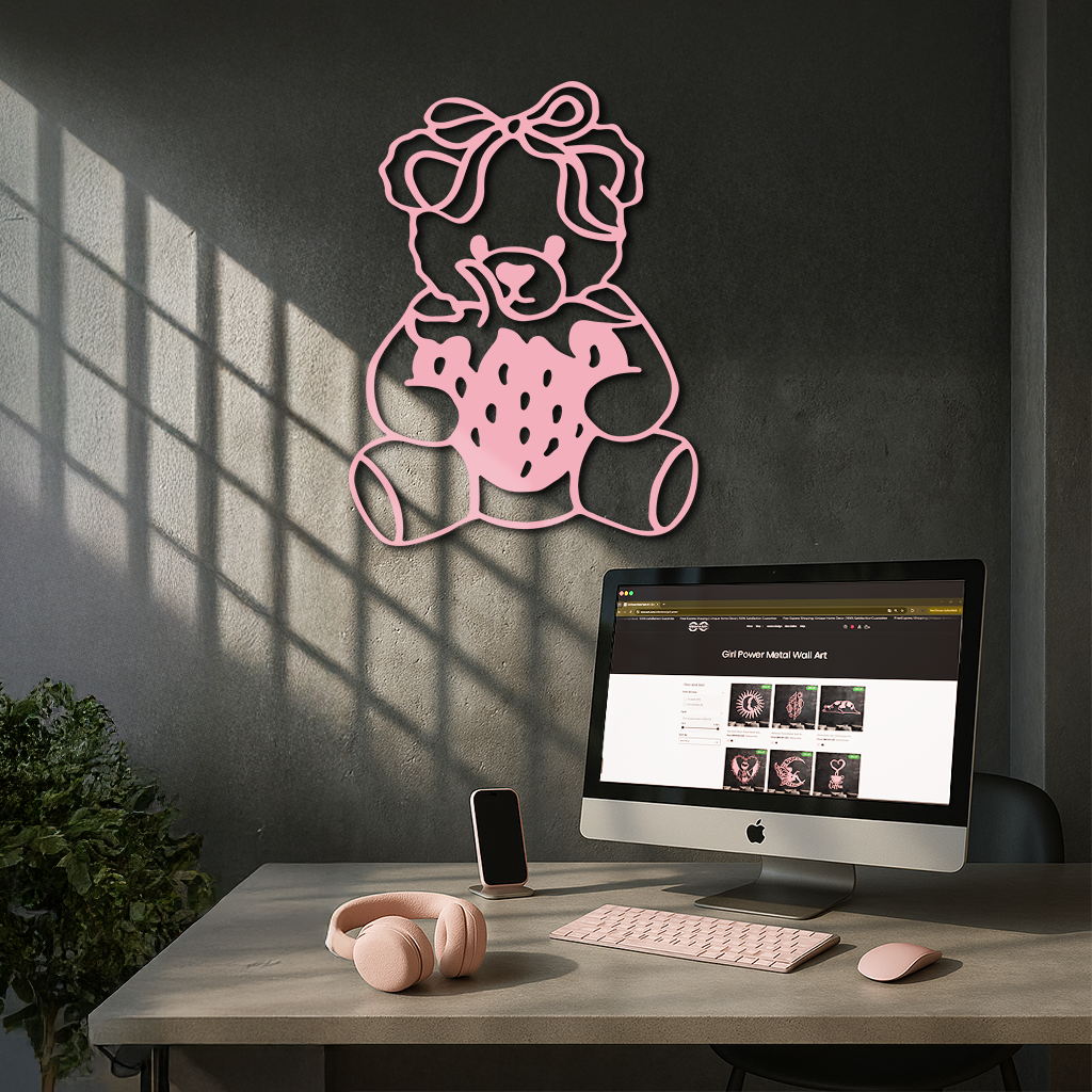 Pink Teddy Bear with Strawberry Metal Wall Art – Cute Bow Design for Kids Room - KAFGP020 by Enova Art