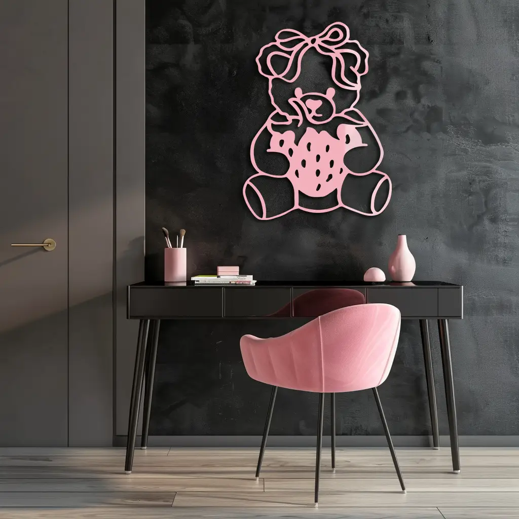 Pink Teddy Bear with Strawberry Metal Wall Art – Cute Bow Design for Kids Room - KAFGP020 by Enova Art