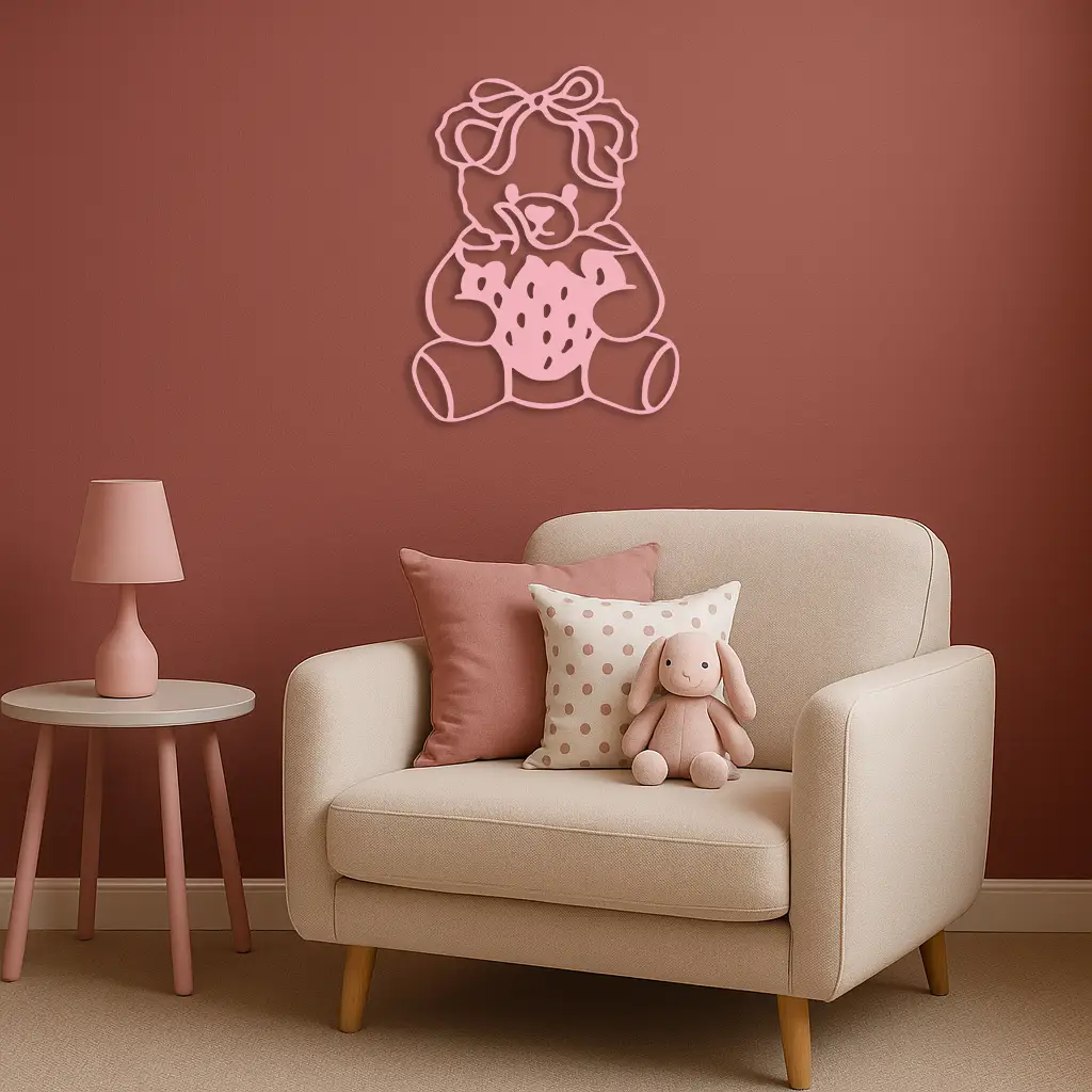 Pink Teddy Bear with Strawberry Metal Wall Art – Cute Bow Design for Kids Room - KAFGP020 by Enova Art