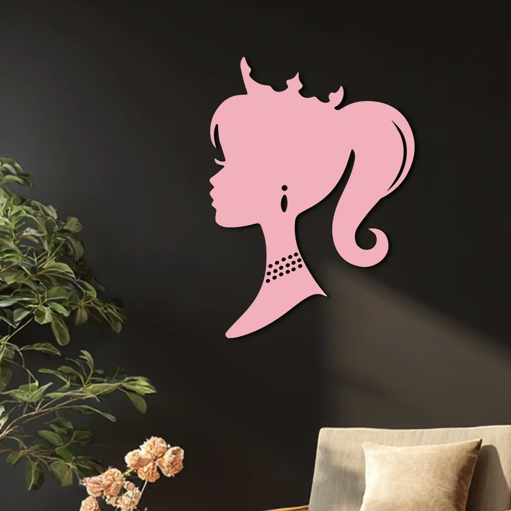 Pink Barbie Silhouette Metal Wall Art – Crowned Princess Profile Decor - KAFGP021 by Enova Art
