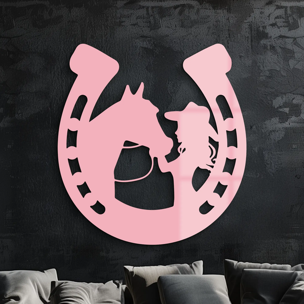 Pink Cowgirl and Horse Silhouette Metal Wall Art – Western Horseshoe Decor - KAFGP023