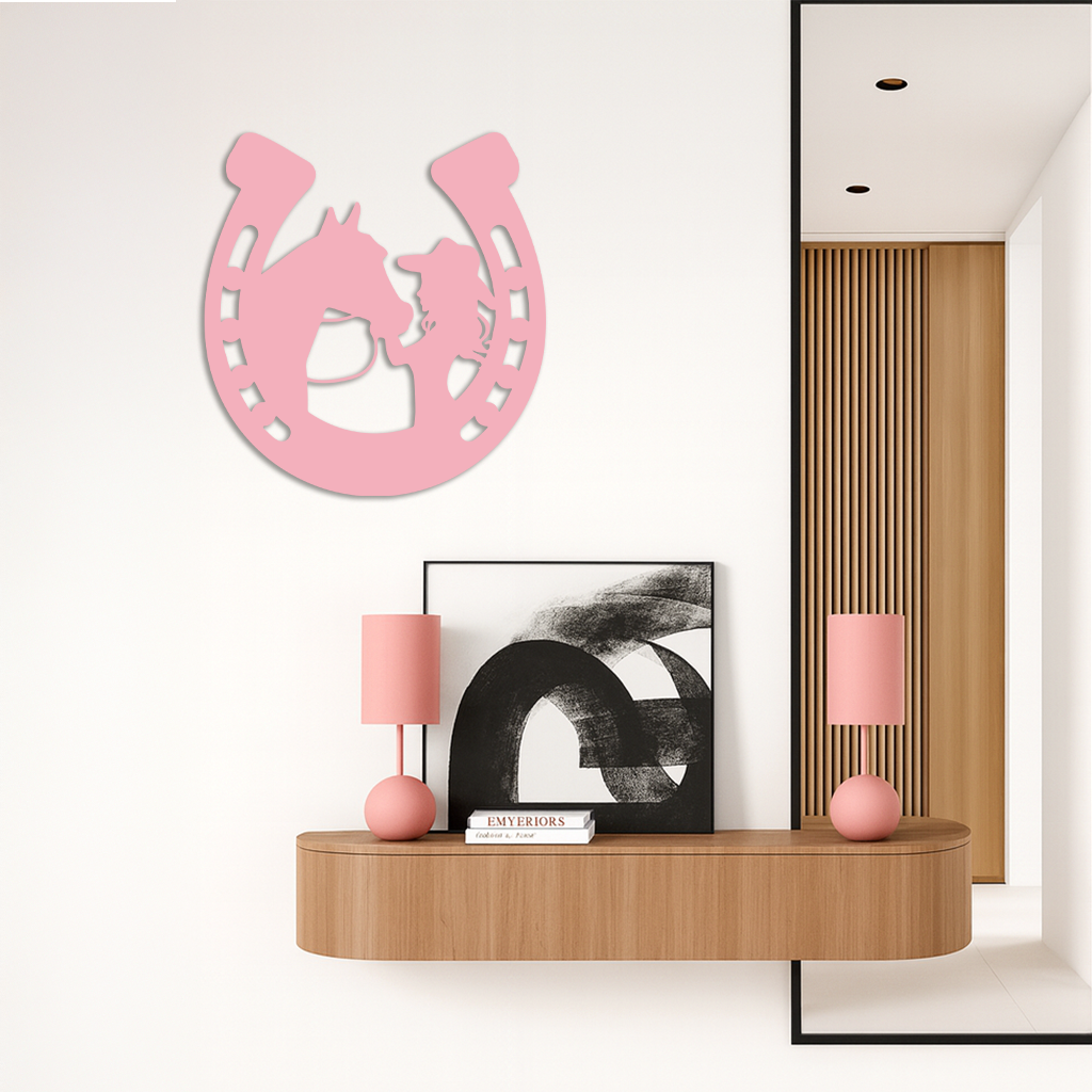 Pink Cowgirl and Horse Silhouette Metal Wall Art – Western Horseshoe Decor - KAFGP023 by Enova Art