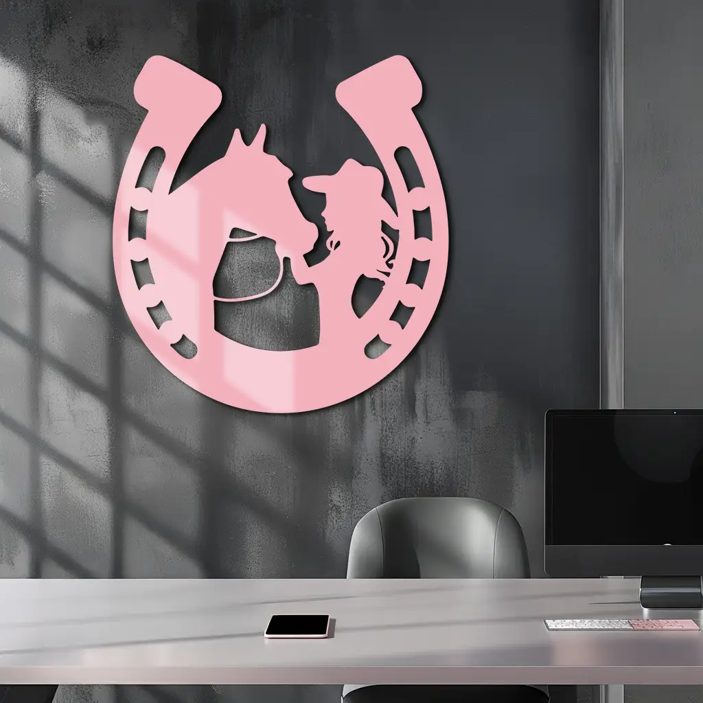 Pink Cowgirl and Horse Silhouette Metal Wall Art – Western Horseshoe Decor - KAFGP023 by Enova Art