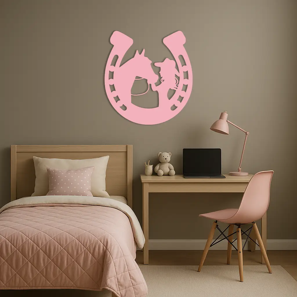 Pink Cowgirl and Horse Silhouette Metal Wall Art – Western Horseshoe Decor - KAFGP023 by Enova Art