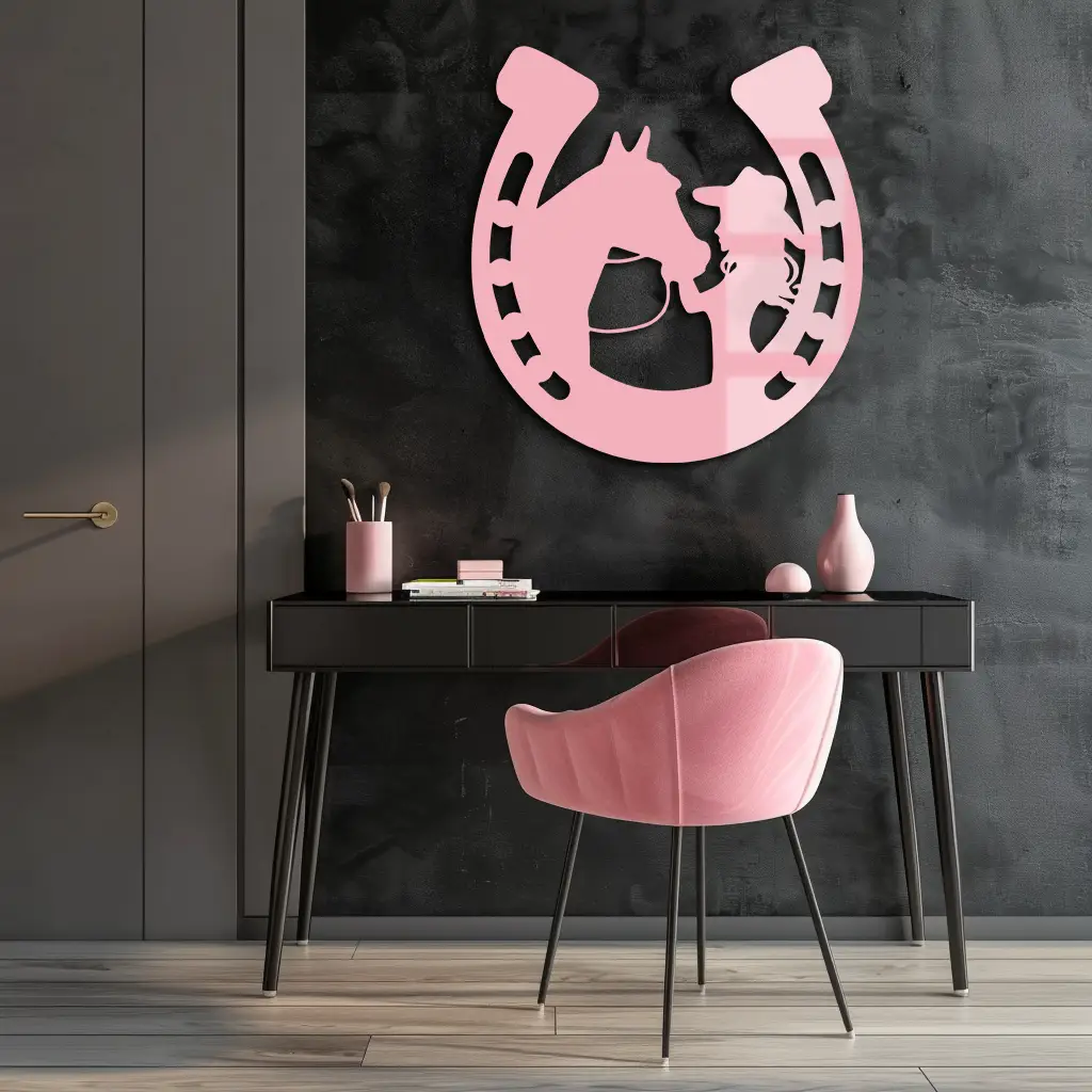 Pink Cowgirl and Horse Silhouette Metal Wall Art – Western Horseshoe Decor - KAFGP023 by Enova Art