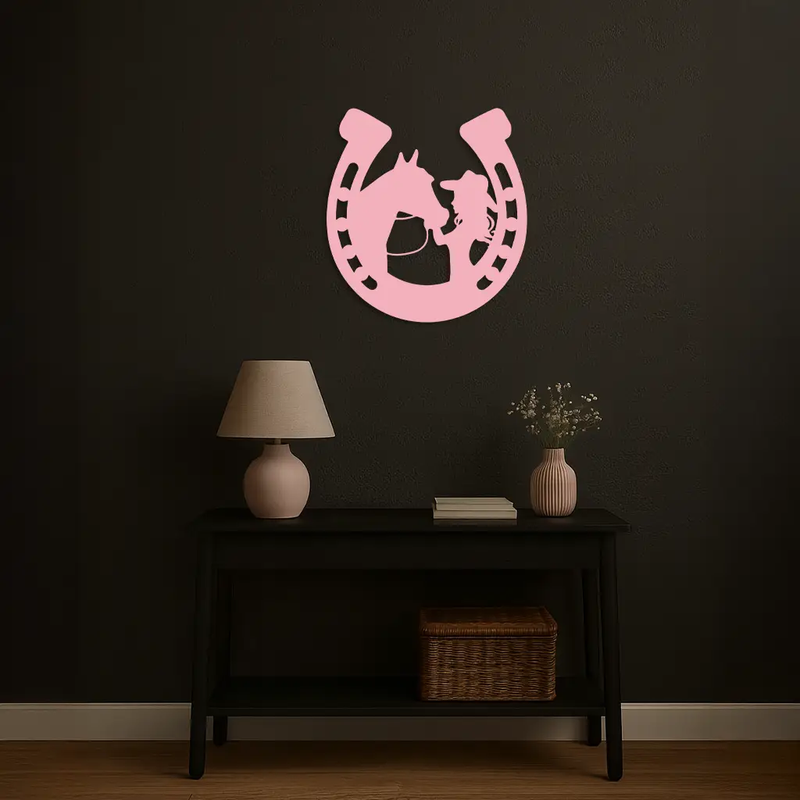 Pink Cowgirl and Horse Silhouette Metal Wall Art – Western Horseshoe Decor - KAFGP023 by Enova Art