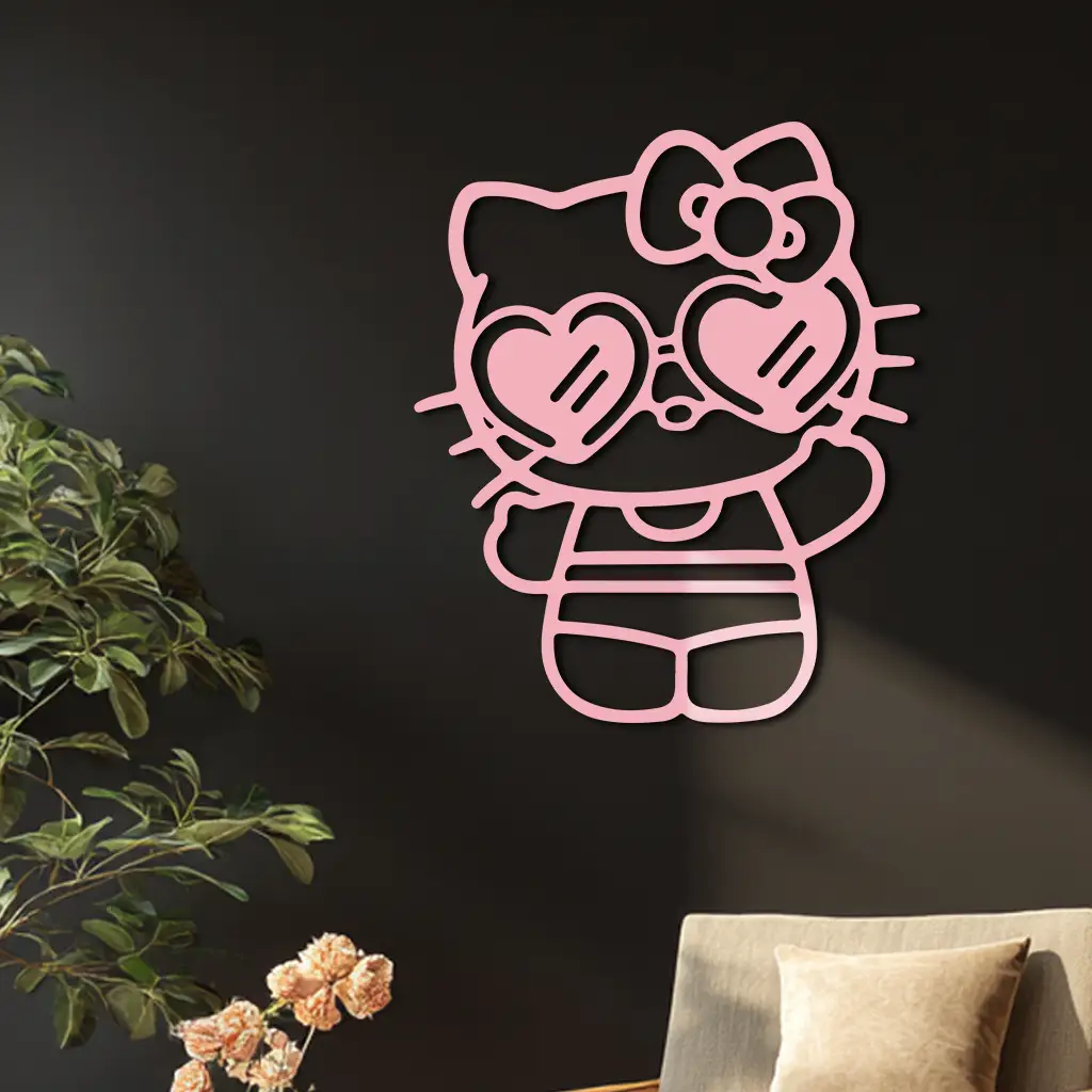 Hello Kitty Silhouette Metal Wall Art – Heart Glasses Cute Design - KAFGP036 by Enova Art