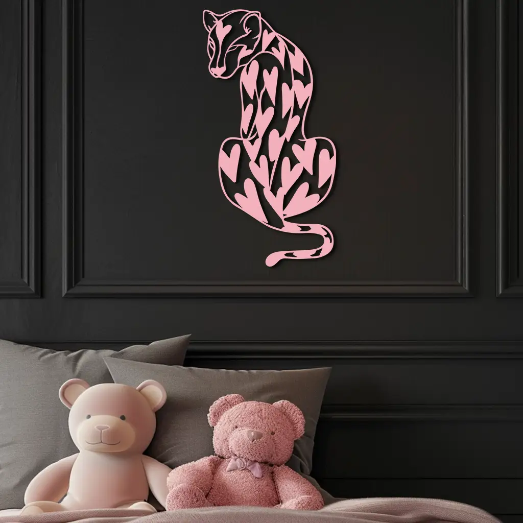 Heart Pattern Leopard Silhouette Metal Wall Art – Modern Animal Design - KAFGP044 by Enova Art