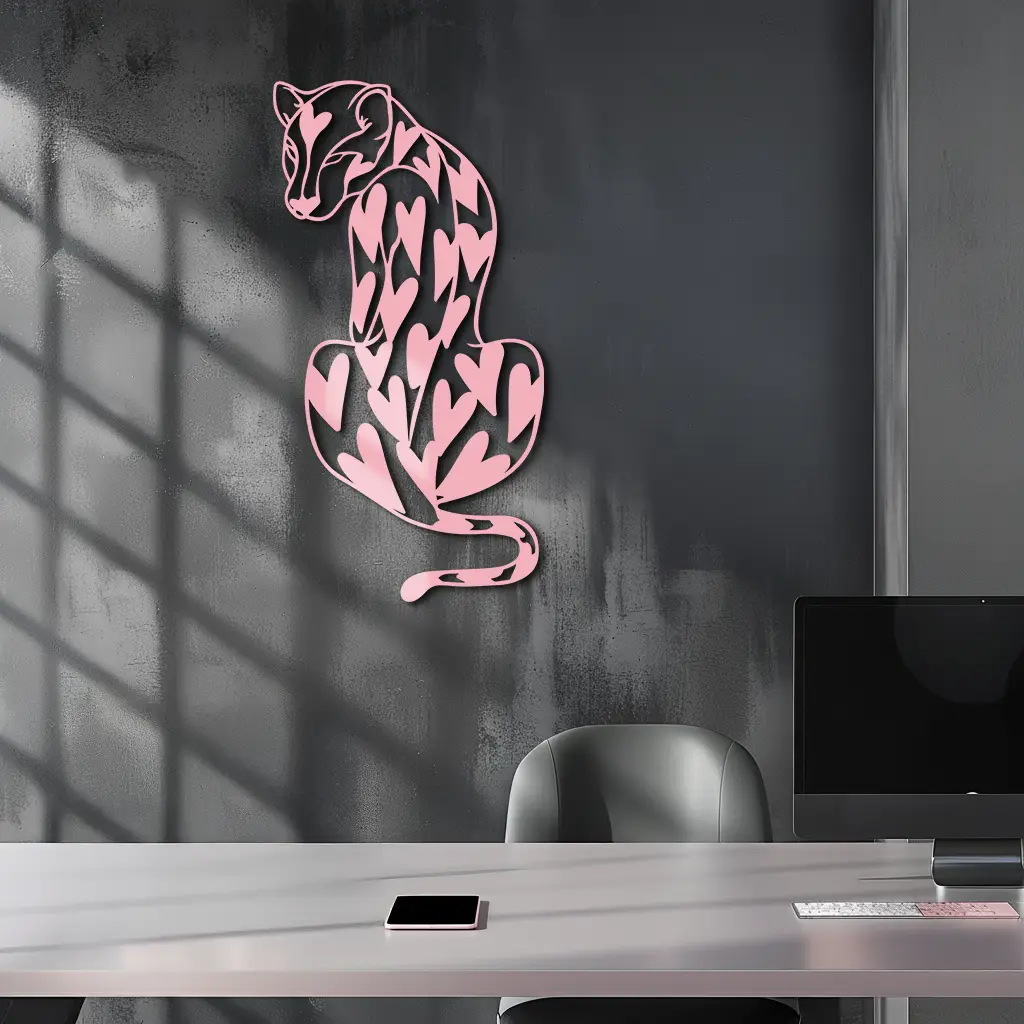 Heart Pattern Leopard Silhouette Metal Wall Art – Modern Animal Design - KAFGP044 by Enova Art